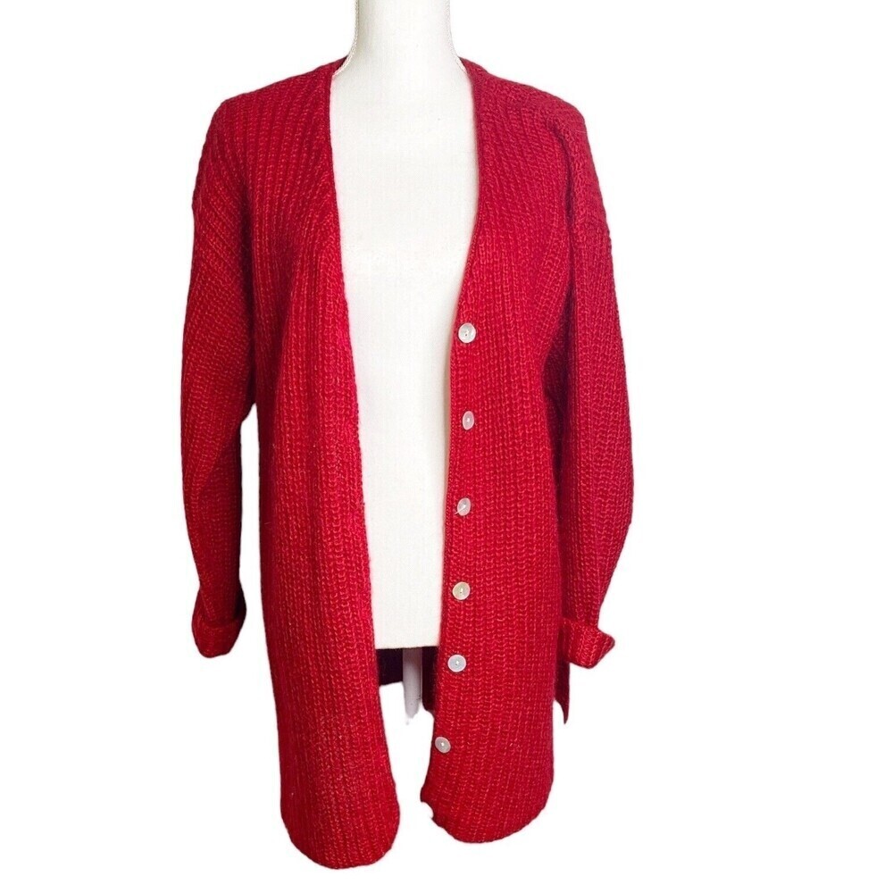 Vtg Moda INTL  Mohair Oversized Knit long Cardigan Sweater Sz Medium Red Women